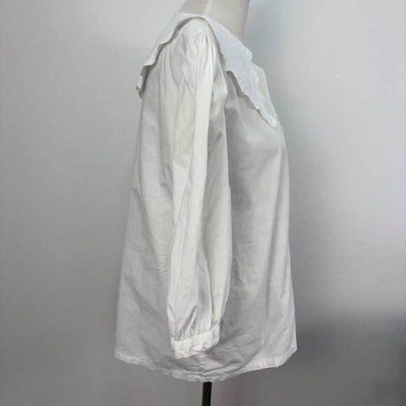 Vintage White Poet Blouse Cotton Embroidered Large Peter Pan Collar Puff Sleeves - Picture 7 of 10